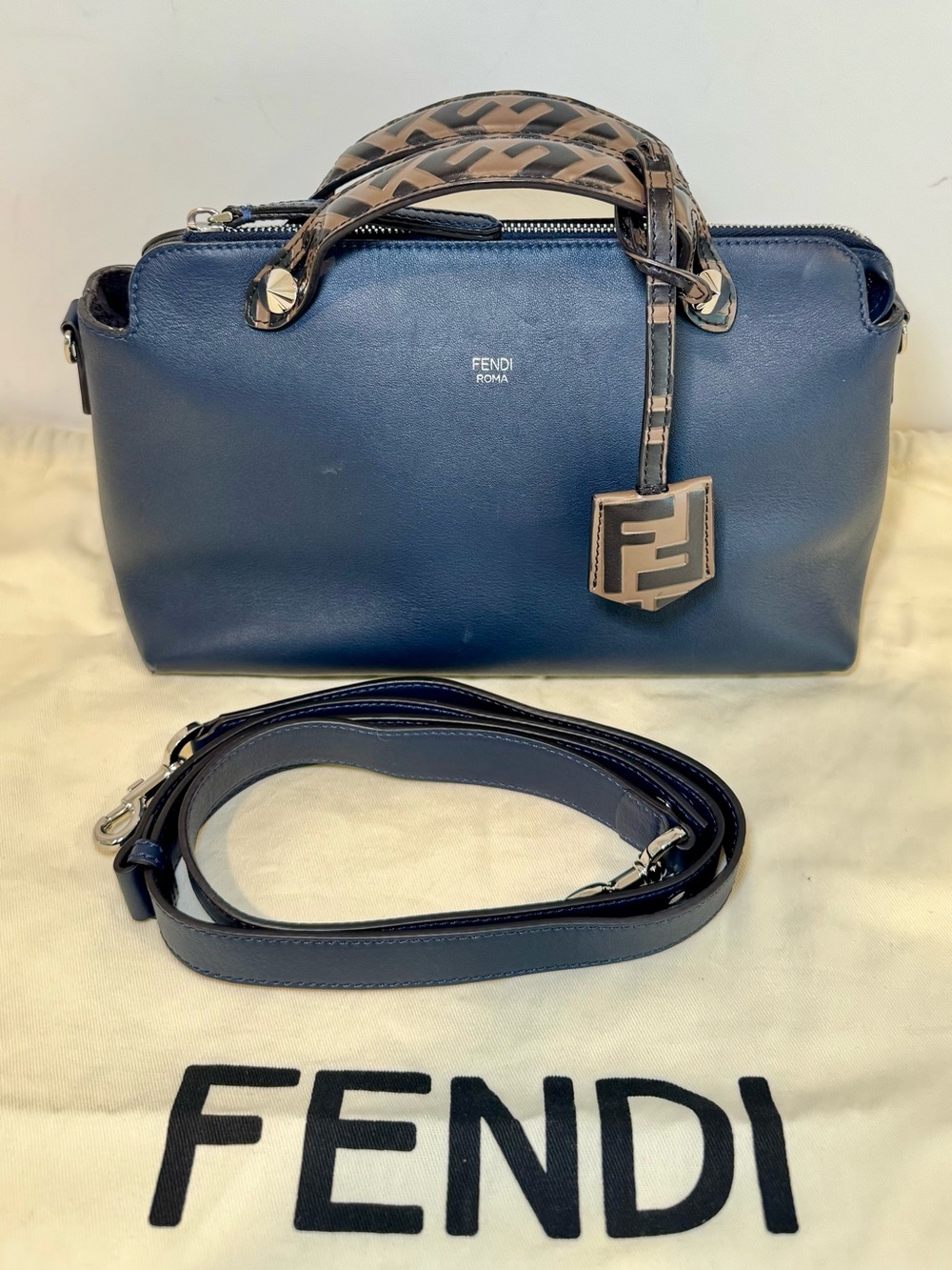 Fendi By The Way Medium Blue Leather Bag W Fendi Logo Accent & Adjustable Strap